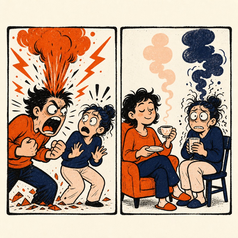 Cartoon in two panels: a person erupting like a volcano at a loved one, then calmly sipping tea moments later while the loved one is still frazzled