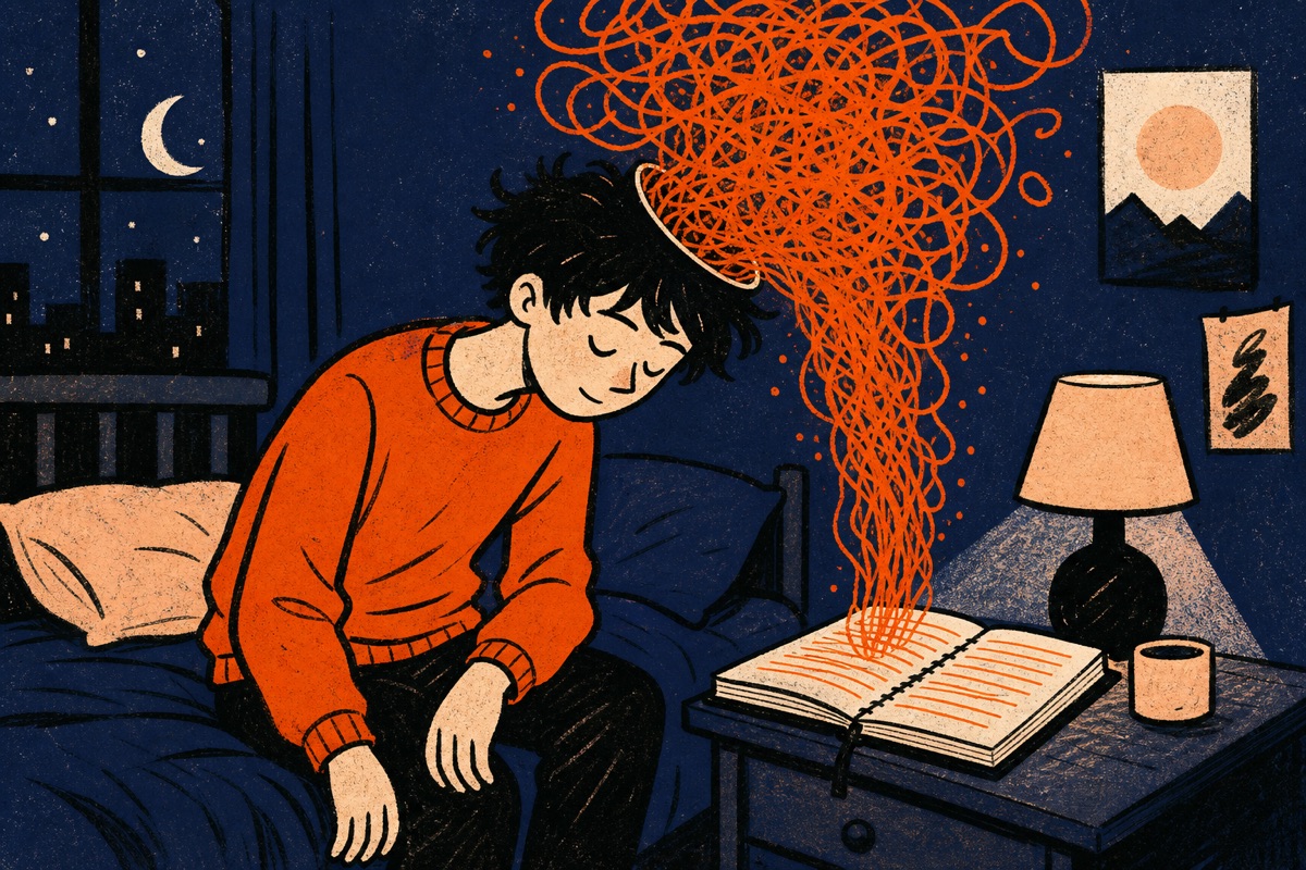 Cartoon: a person pours a tangled storm of thoughts out of their head into a notebook on the nightstand, where the scribbles become neat lines