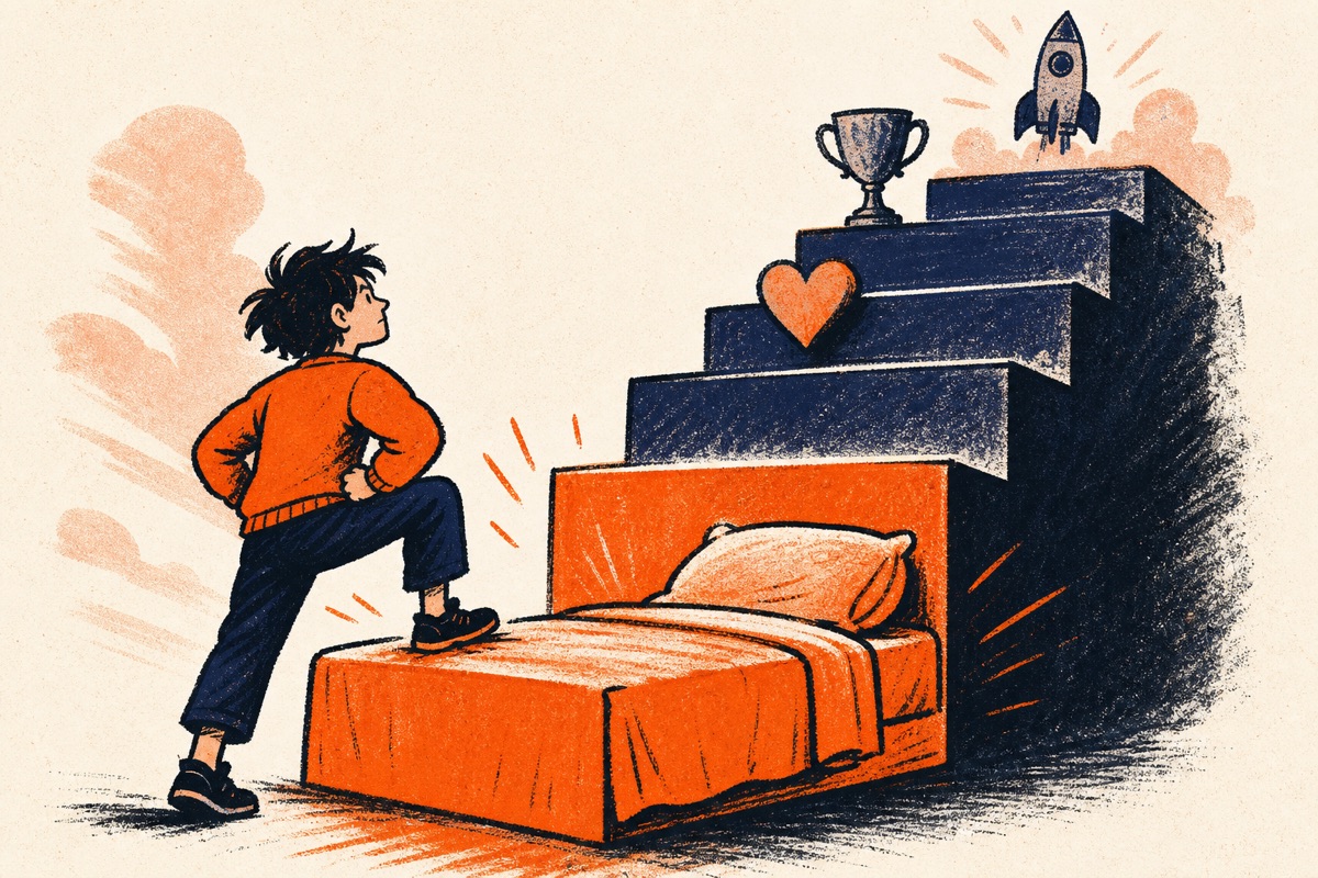 Cartoon: a person plants a determined foot on the giant glowing first step of a staircase — a warm bed — with trophies and rockets on the steps above