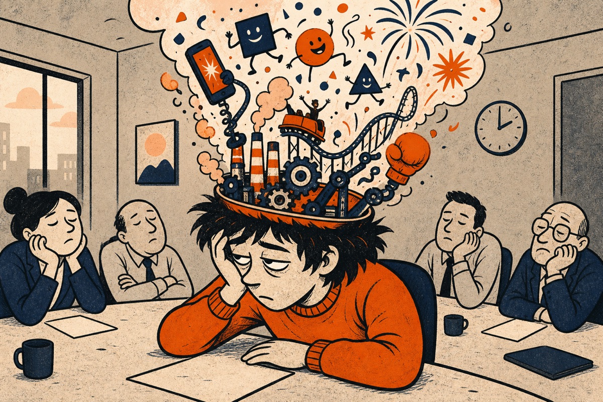 Cartoon: a person stuck in a dead-boring meeting room while the top of their head opens like a factory, busily manufacturing its own fireworks, rollercoaster, and distractions