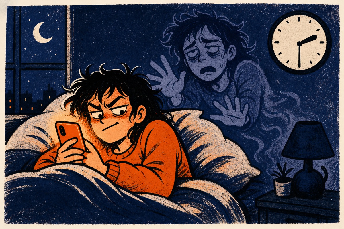 Cartoon: a defiant person scrolling their phone in bed at 2:30am, the ghostly pleading version of their tired tomorrow-self looming behind them