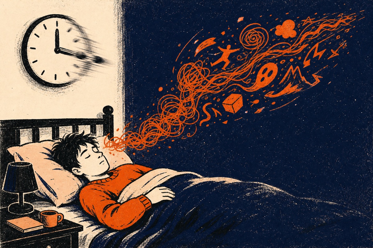 Cartoon: a person lying still asleep in bed while their thoughts detach and race off as an autonomous orange ribbon, a blurred clock skipping from 12 to 3 behind them