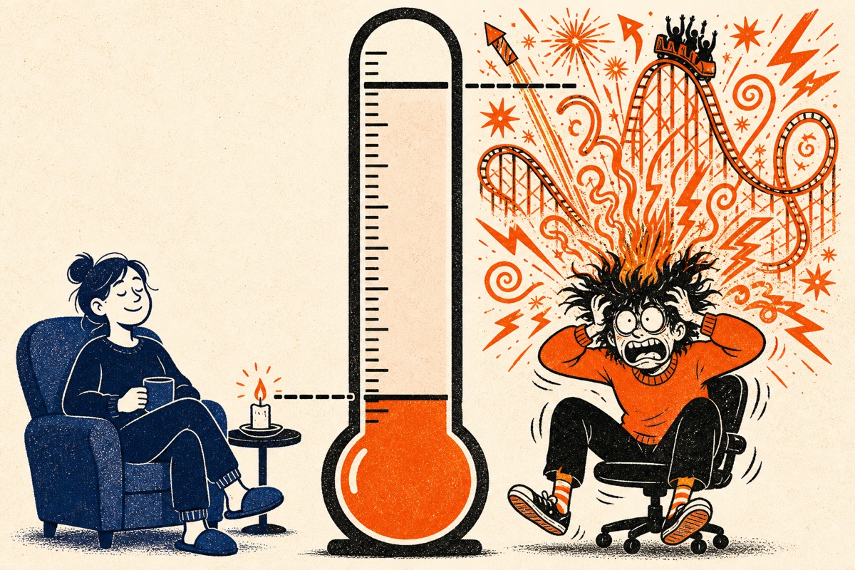 Cartoon: a giant stimulation gauge — a calm person's minimum line sits low, easily met by a small candle flame; the ADHD person's minimum line is absurdly high, and their head erupts with self-made fireworks trying to fill the gap