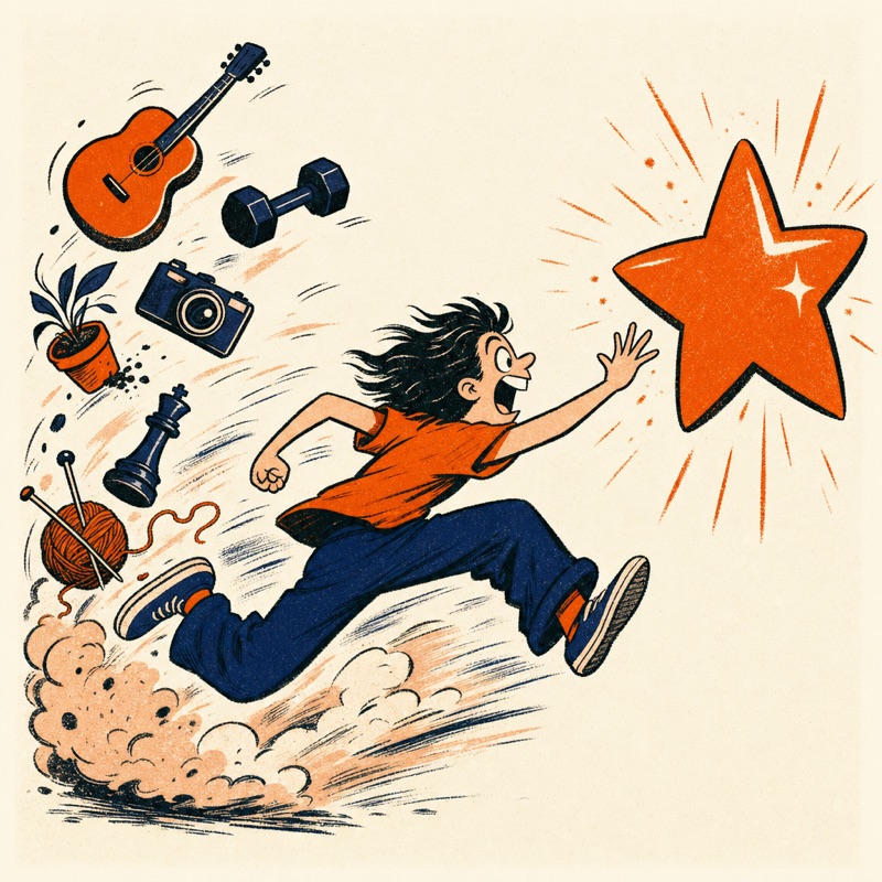 Cartoon: a person sprinting toward a giant shiny star while abandoned hobbies — guitar, camera, chess piece — tumble behind them