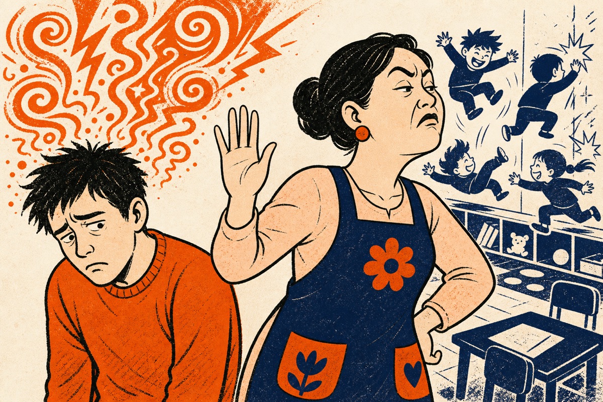 Cartoon: a mother waves her son away dismissively, unable to see the huge orange thought-storm raging above his head, while stereotype hyperactive kids bounce in the background